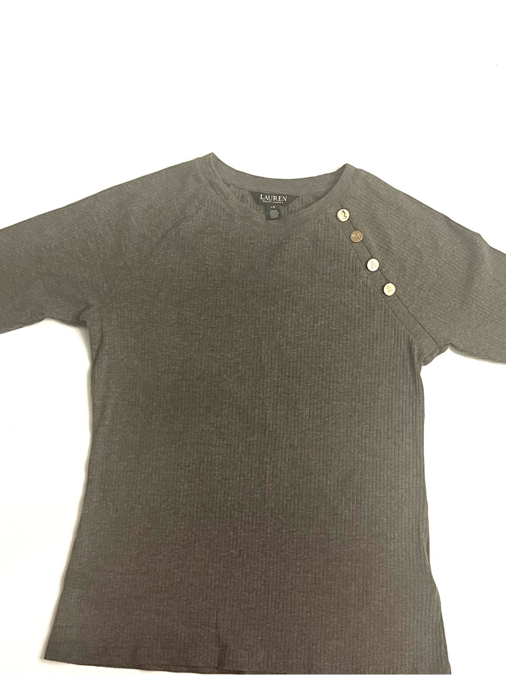 Ralph Lauren Gray Ribbed Long Sleeve Top with Shoulder Buttons